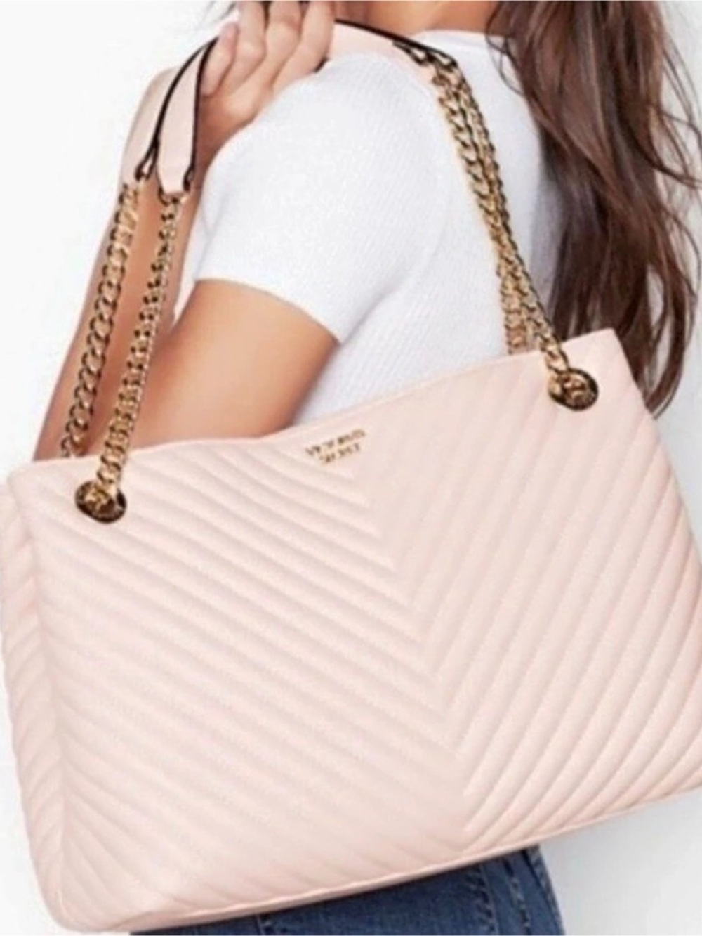 Victoria's Secret Quilted Chevron Chain Tote Shoulder Bag in Pink NWT